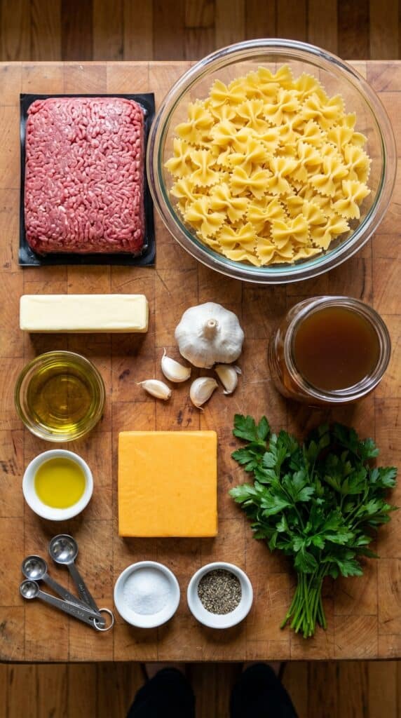 A flat lay showing raw ground beef, dry bowtie pasta, butter, garlic cloves, beef broth, cheese, and parsley on a wooden counter.
