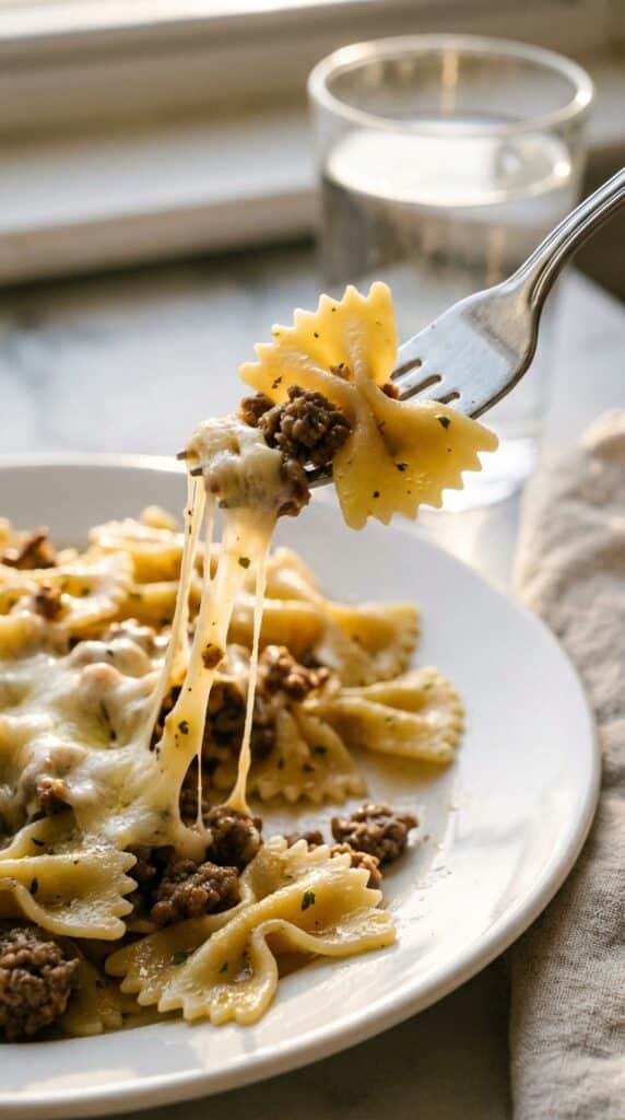 A close-up of a fork lifting a piece of bowtie pasta and ground beef from a plate, showing a long string of melted cheese.