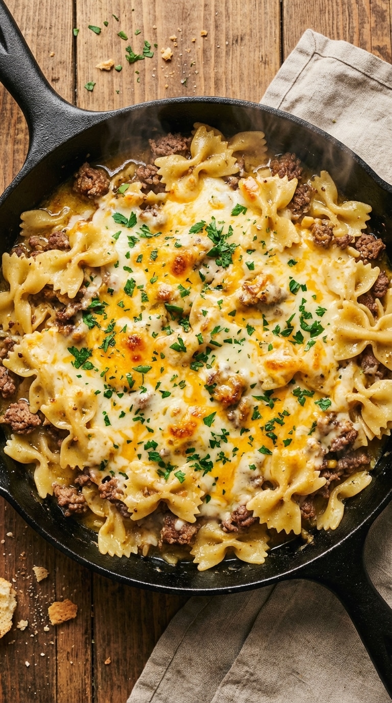 A top-down view of a cast iron skillet filled with ground beef and bowtie pasta in a garlic butter sauce, topped with melted cheese and parsley.