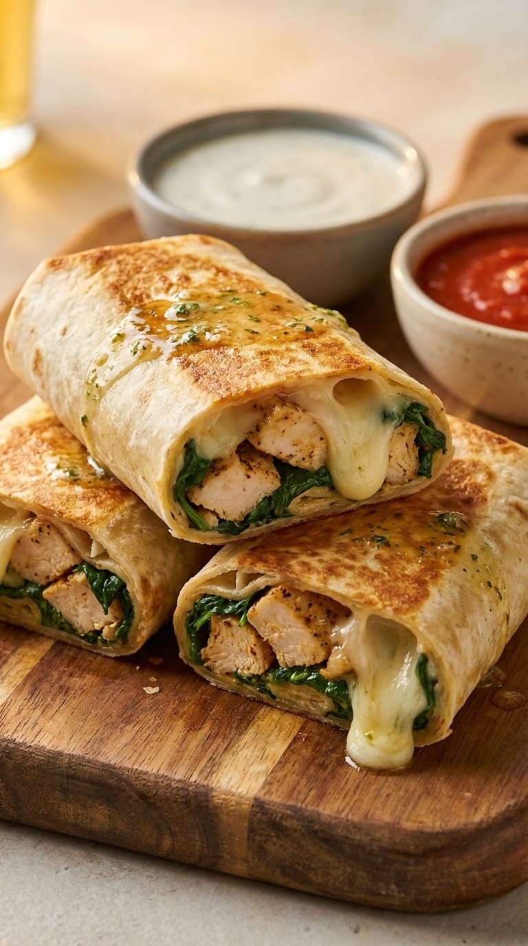 A close-up of golden-brown toasted chicken wraps cut in half, revealing melted cheese and juicy chicken inside.