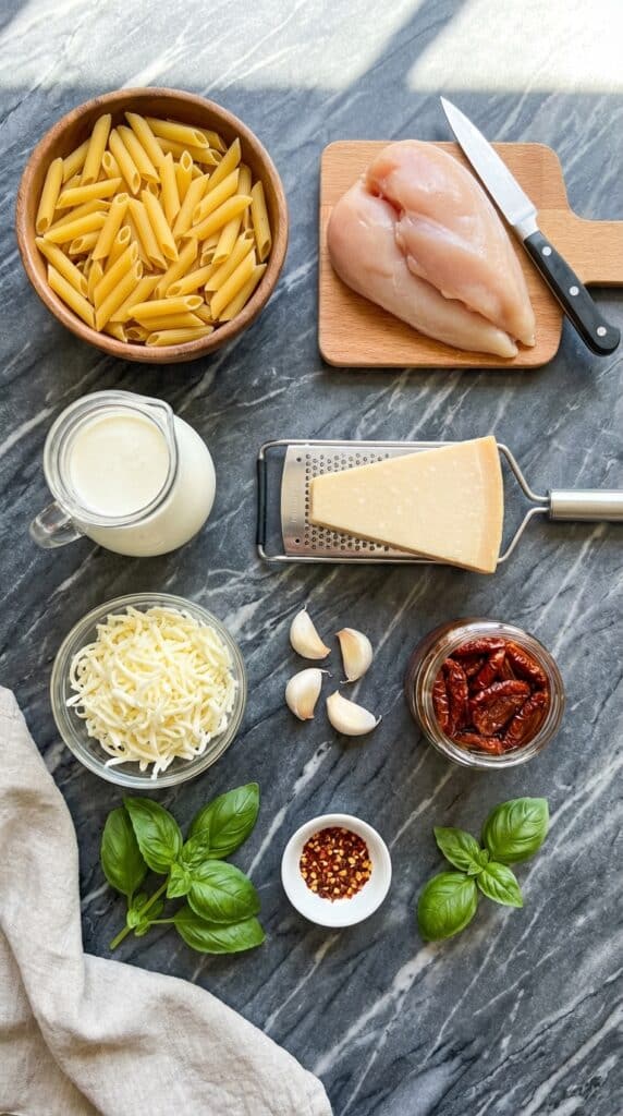 A flat lay showing dry penne pasta, raw chicken, heavy cream, Parmesan cheese, mozzarella, and garlic on a marble board.