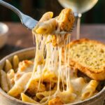 A close-up of a fork lifting a bite of creamy chicken pasta with a long stringy cheese pull.