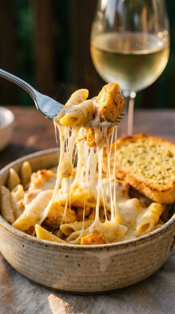A close-up of a fork lifting a bite of creamy chicken pasta with a long stringy cheese pull.