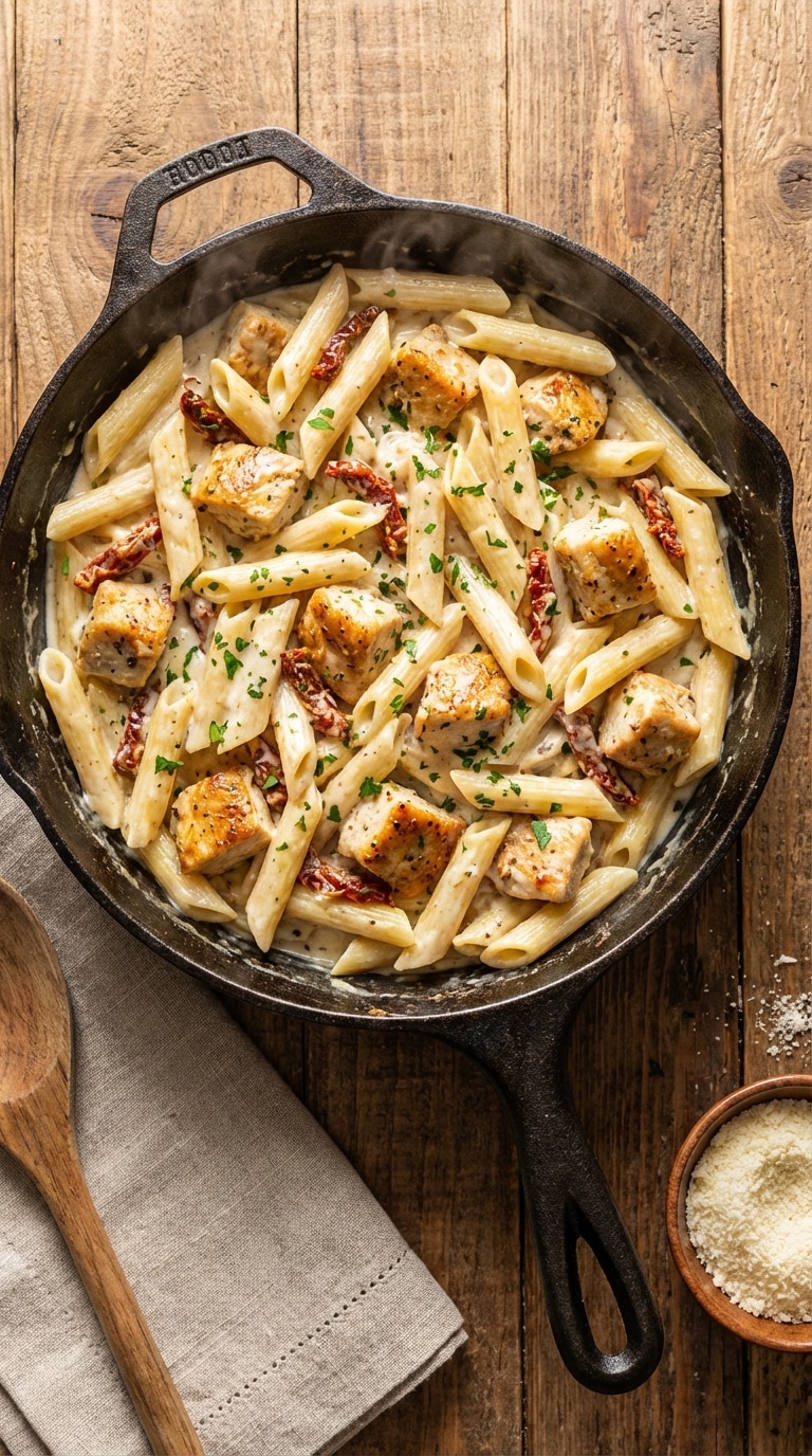 A top-down view of a cast iron skillet filled with creamy chicken penne pasta, garnished with sun-dried tomatoes and fresh parsley.