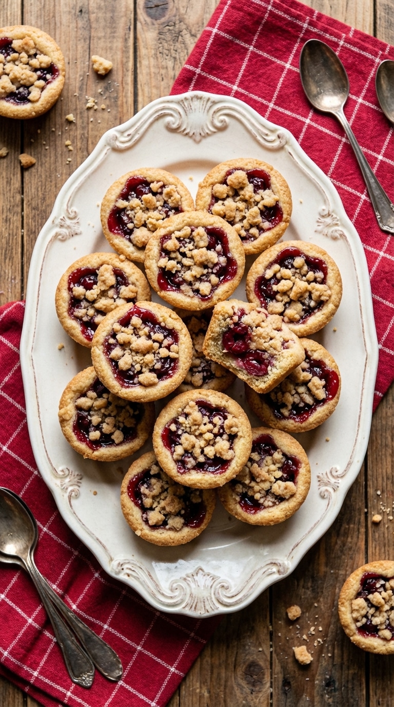 A platter filled with baked cherry pie cookie cups, featuring golden cookie crusts, vibrant cherry filling, and crumb topping on a wooden table.