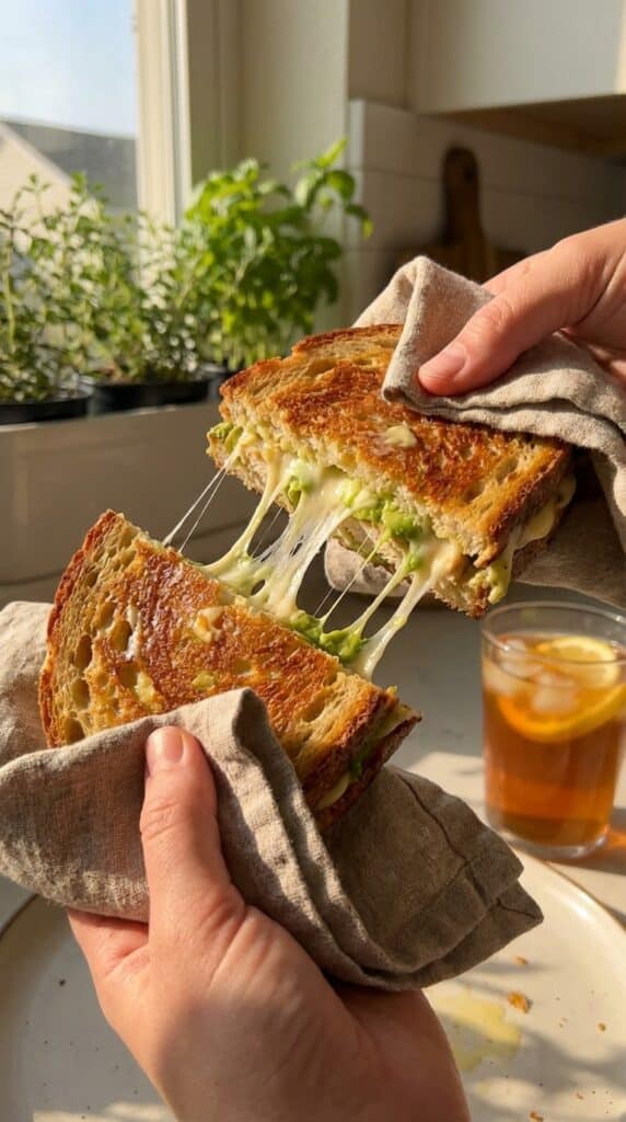 Two hands pulling apart a hot toasted chicken and avocado sandwich, creating a long stringy cheese pull.