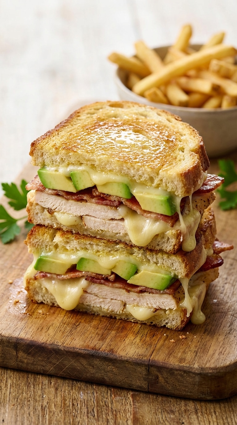 A stacked, toasted chicken and avocado melt sandwich cut in half, showing melted cheese and bacon on a wooden board.