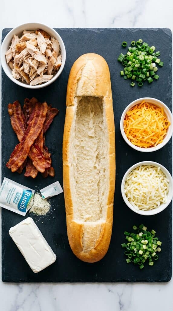 A flat lay showing a hollowed-out French bread loaf, shredded chicken, bacon, cream cheese, ranch seasoning, and shredded cheese on a dark slate board.