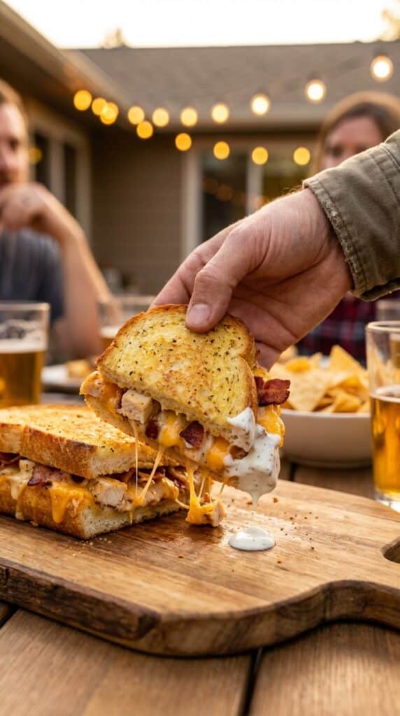 A close-up of a hand grabbing a cheesy, messy slice of chicken bacon ranch bread from a party platter.