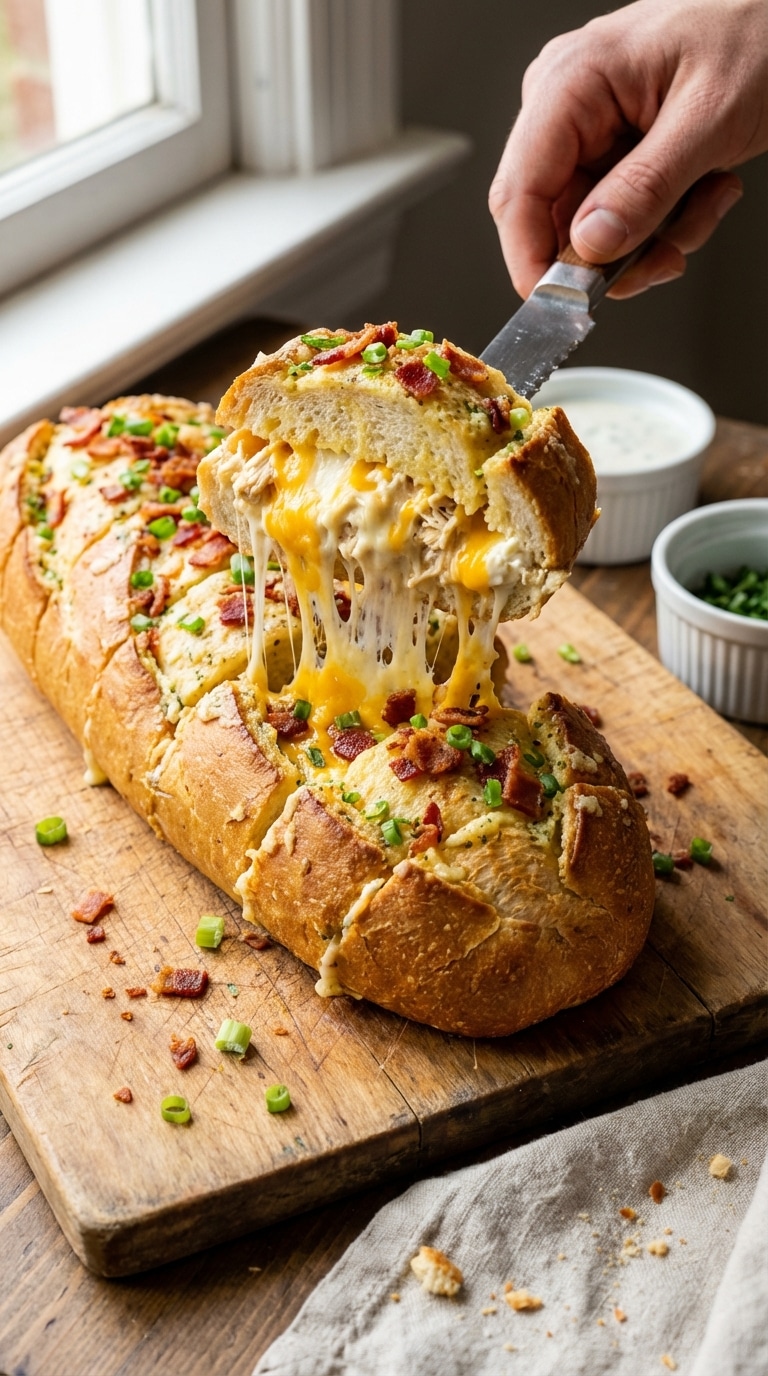 A golden brown loaf of French bread stuffed with melted cheese, chicken, and bacon, with a thick slice being pulled away to show a cheese pull.