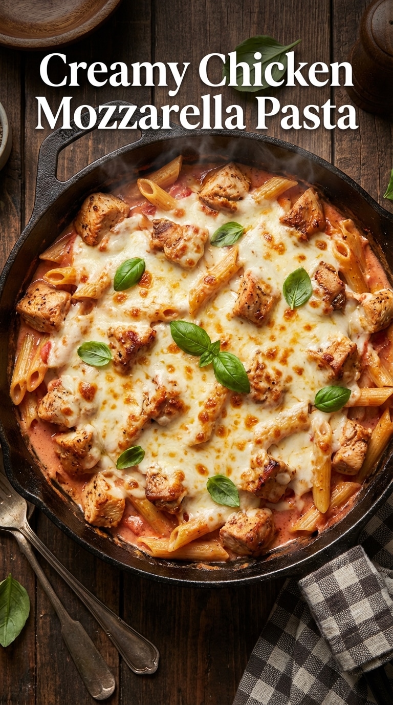 A top-down view of a cast iron skillet filled with creamy tomato chicken pasta, completely covered in melted mozzarella cheese and fresh basil.
