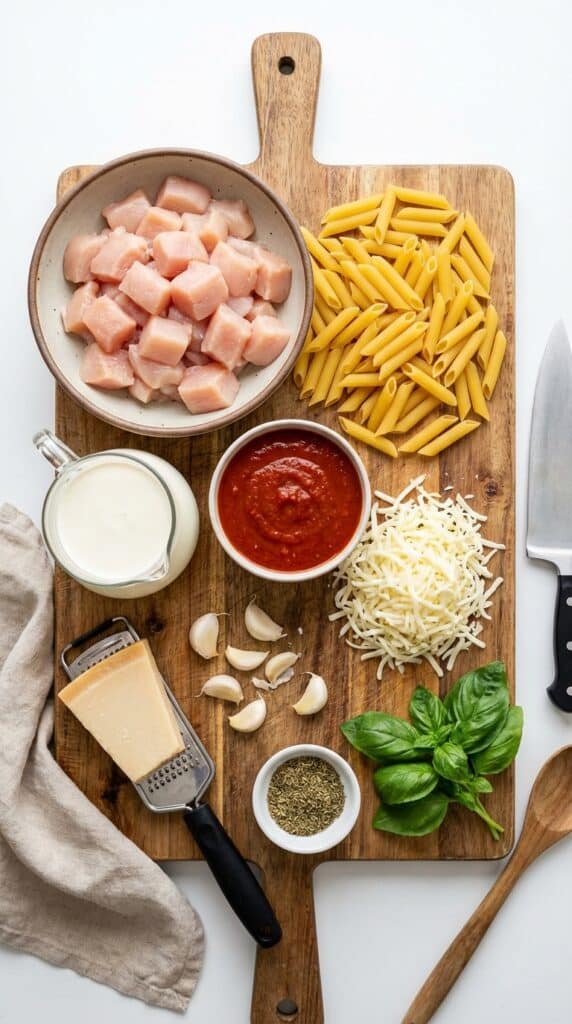 A flat lay showing raw diced chicken, dry penne pasta, heavy cream, marinara, mozzarella cheese, and fresh basil on a wooden board.