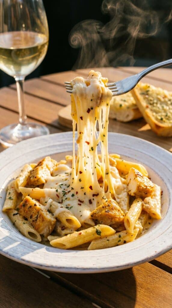 A close-up action shot of a fork lifting a bite of creamy chicken pasta, creating a massive stringy mozzarella cheese pull.