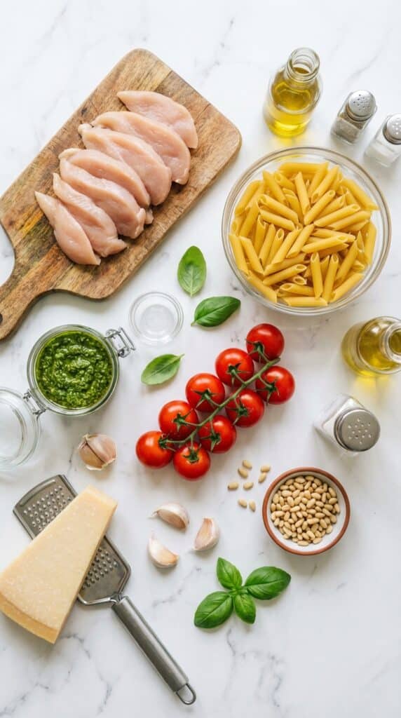 A flat lay showing raw chicken, dry penne pasta, a jar of pesto, cherry tomatoes, and parmesan cheese on a marble surface.