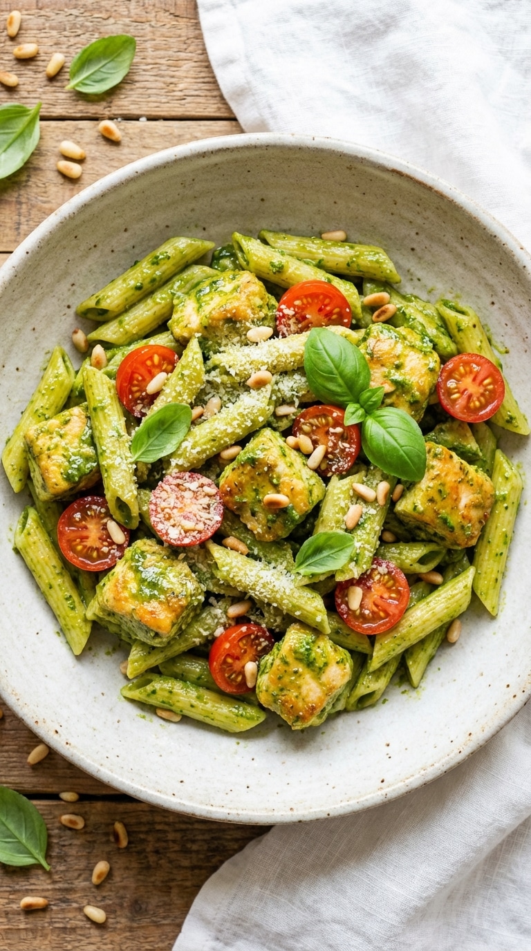 A top-down view of a ceramic bowl filled with penne pasta, chicken, and cherry tomatoes coated in green pesto sauce.