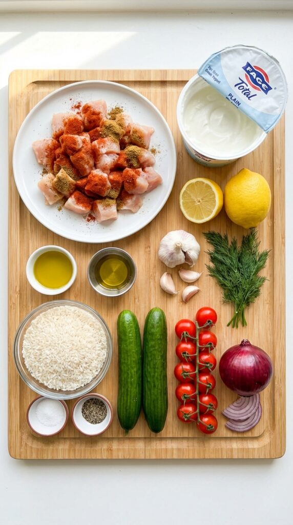 A flat lay showing spiced raw chicken, Greek yogurt, dry rice, lemons, garlic, cucumbers, and tomatoes on a wooden board.