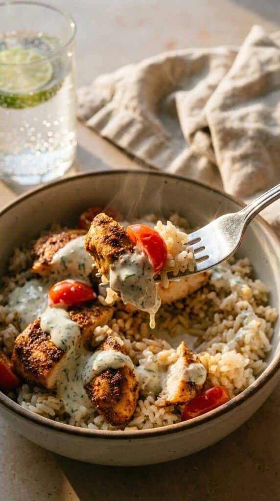 A close-up of a fork lifting a piece of chicken, tomato, and rice coated in creamy garlic sauce from a colorful bowl.