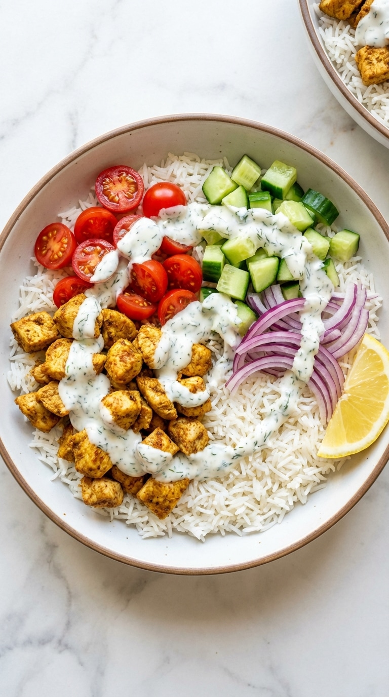 A top-down view of a healthy bowl with rice, spiced chicken, cucumbers, tomatoes, and red onion, drizzled with creamy white garlic sauce.