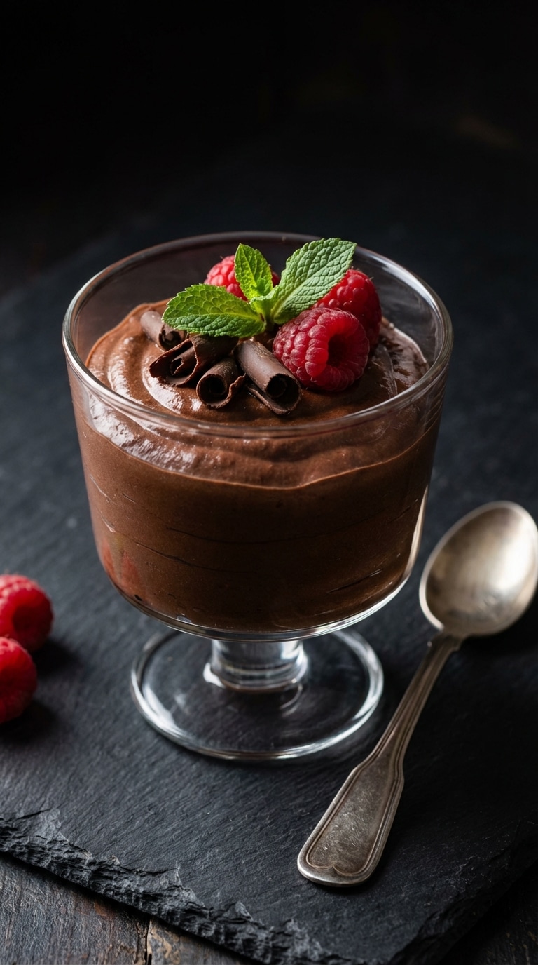 A glass cup filled with smooth, dark chocolate mousse topped with fresh raspberries and chocolate curls.