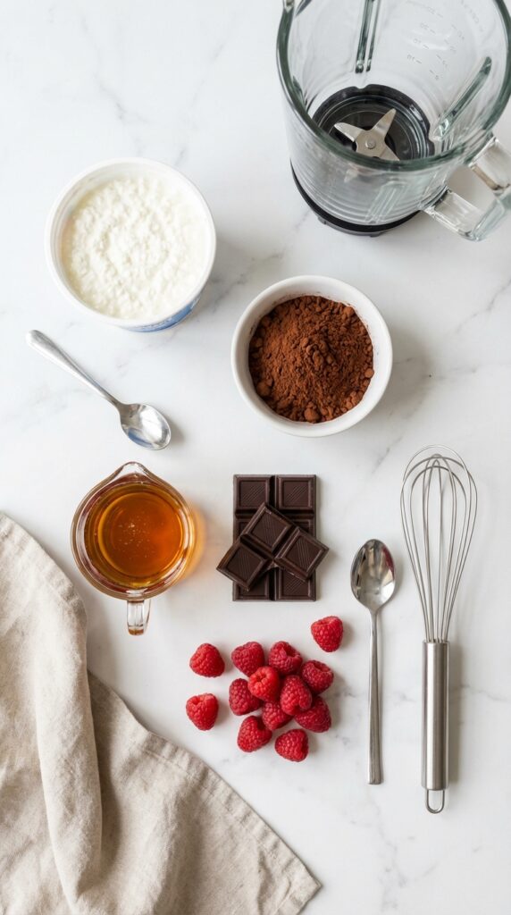 A flat lay showing a tub of cottage cheese, cocoa powder, maple syrup, dark chocolate, and raspberries on a marble table.