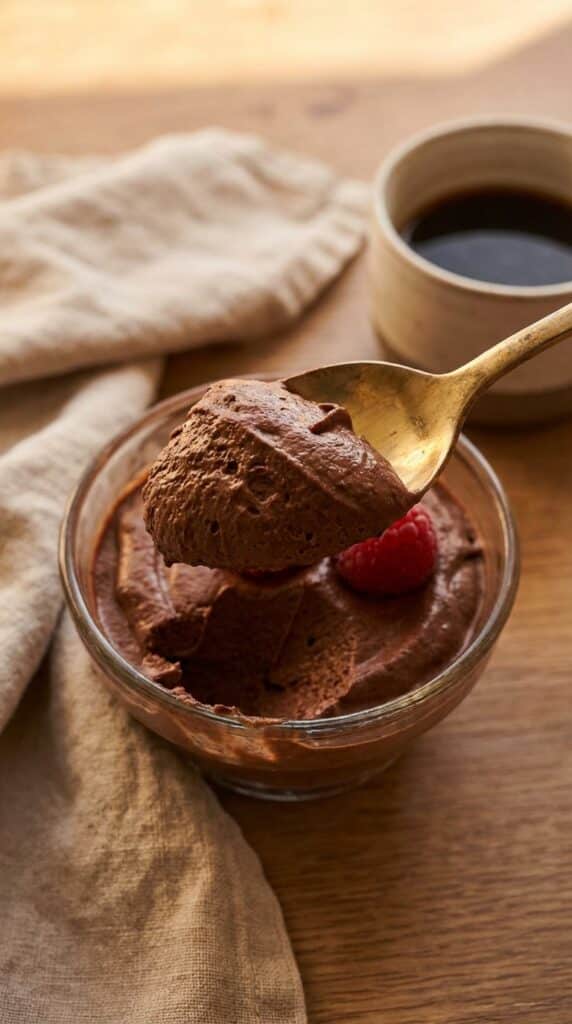 A close-up of a gold spoon lifting a thick, smooth dollop of dark chocolate mousse with a raspberry on top.