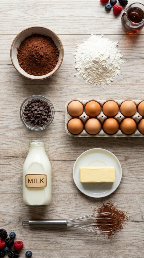 A flat lay showing cocoa powder, flour, chocolate chips, eggs, milk, and butter on a wooden table.
