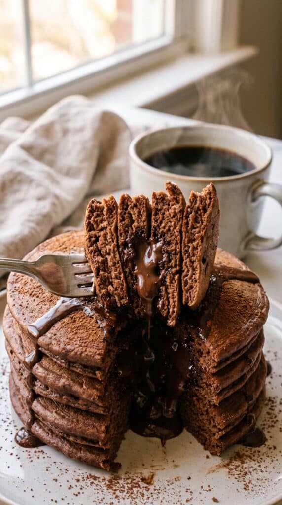 A close-up of a fork cutting into a stack of chocolate pancakes, revealing a fluffy interior and melted chocolate chips.