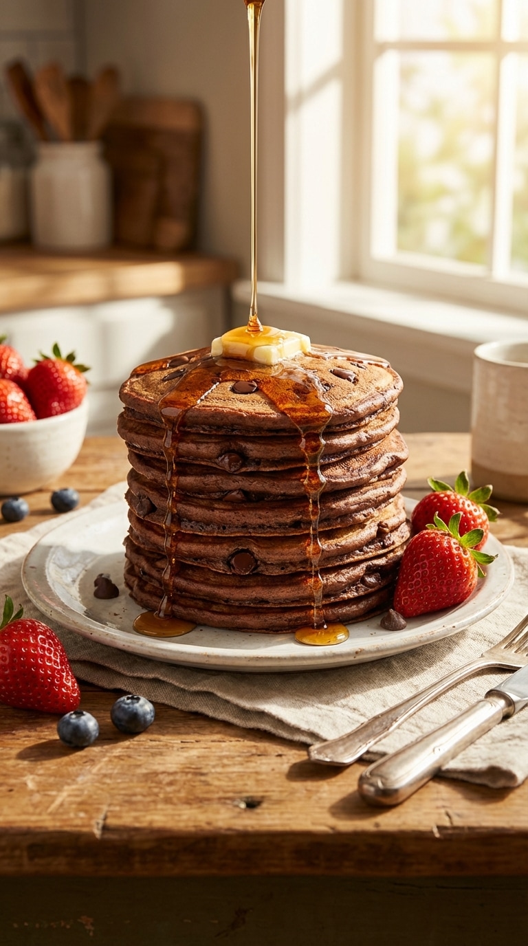 A tall stack of fluffy chocolate pancakes on a plate, topped with melting butter, strawberries, and drizzled with syrup.