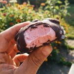 A hand holding a frozen chocolate-covered strawberry yogurt cluster with a bite taken out, set against a sunny, blurred outdoor background.