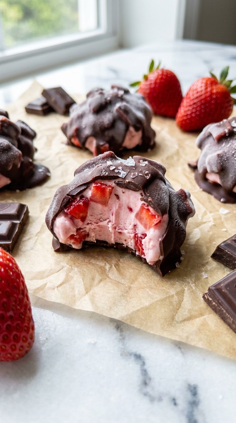 Dark chocolate-covered strawberry yogurt clusters on parchment paper, with one broken open to show the frozen pink strawberry filling.
