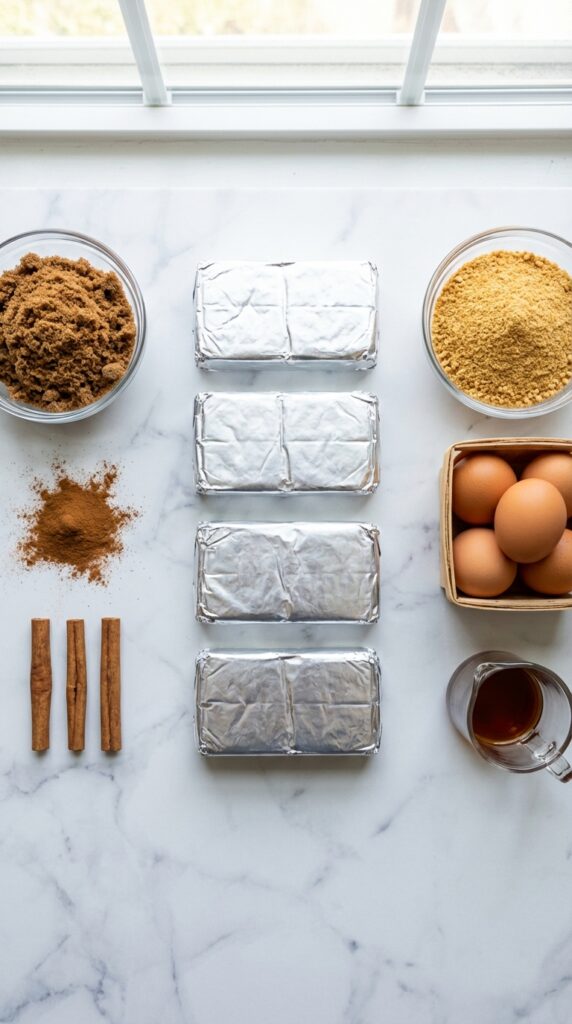 A flat lay showing cream cheese, brown sugar, cinnamon powder, graham cracker crumbs, and eggs on a marble board.