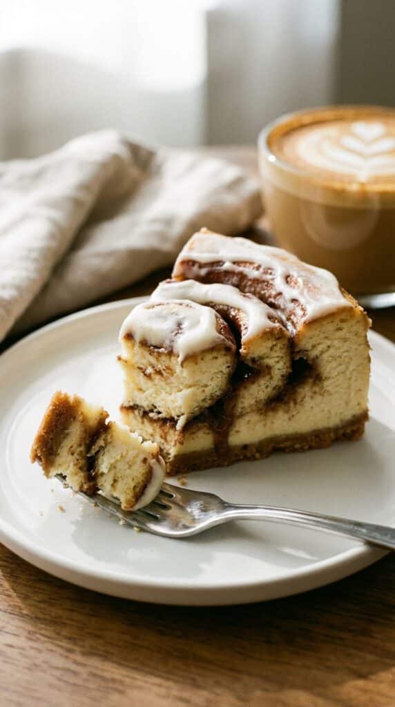 A close-up of a slice of cinnamon roll cheesecake on a plate, showing the gooey brown sugar swirl inside, with a fork taking a bite.