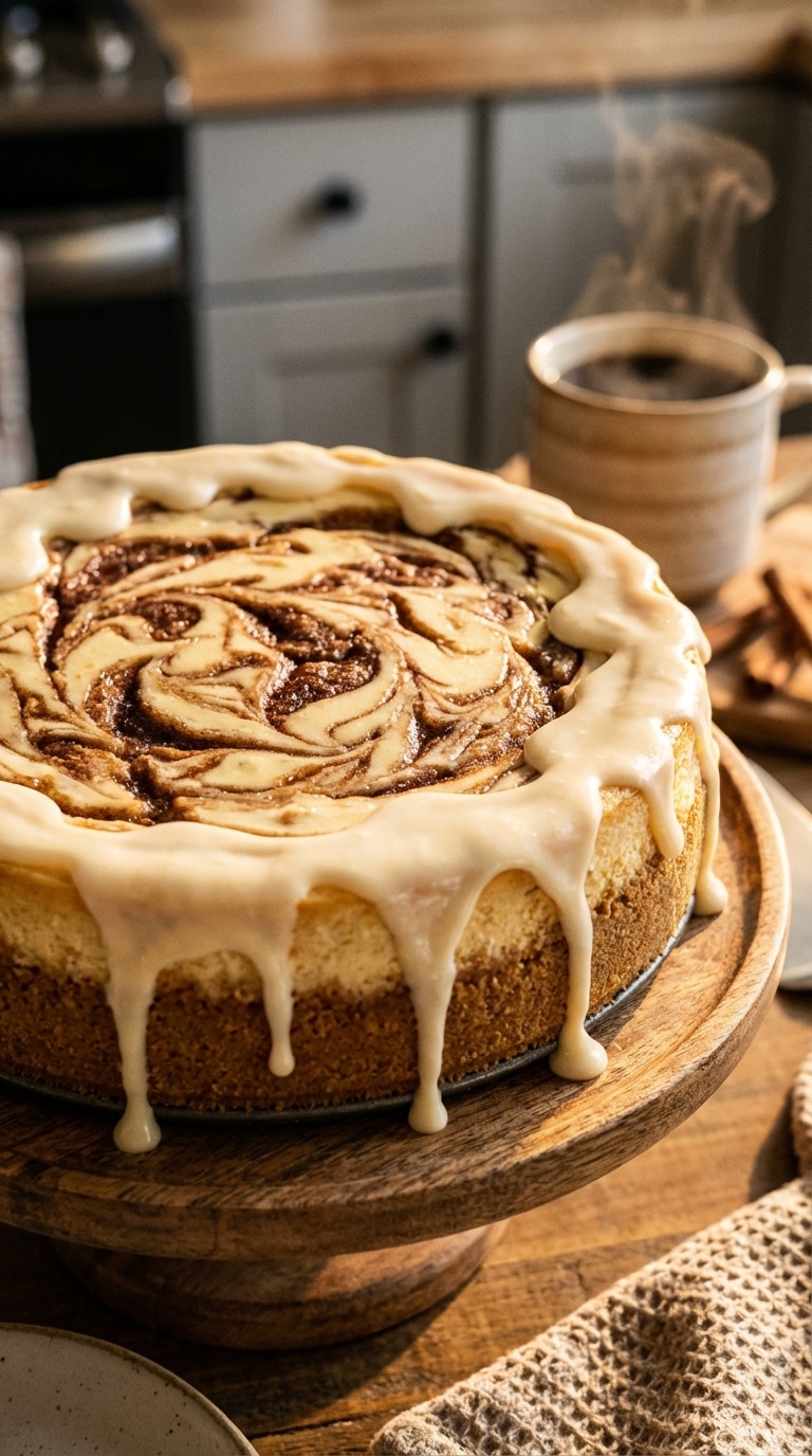 A whole cheesecake with a baked-in brown sugar cinnamon swirl and thick white icing drizzle on a wooden stand.
