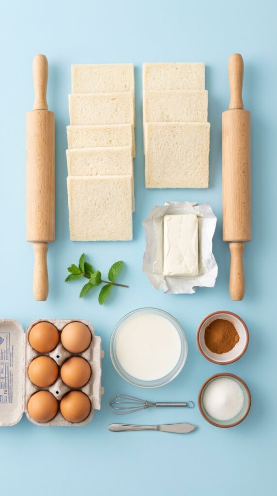 A flat lay showing crustless sliced bread, a rolling pin, cream cheese, eggs, milk, cinnamon, and sugar on a light blue background.