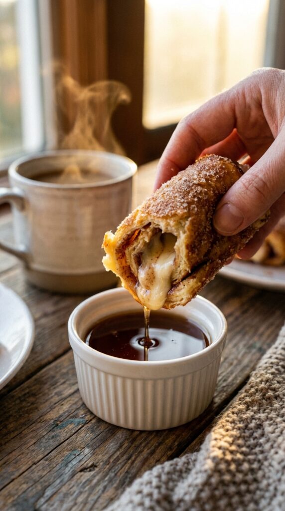 A close-up of a hand dipping a cinnamon sugar coated French toast roll-up into a small bowl of maple syrup.