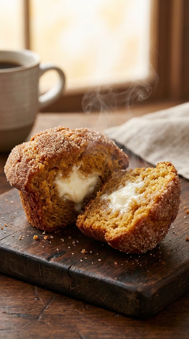 A cinnamon sugar muffin split in half, revealing a creamy white cream cheese center, resting on a wooden board.