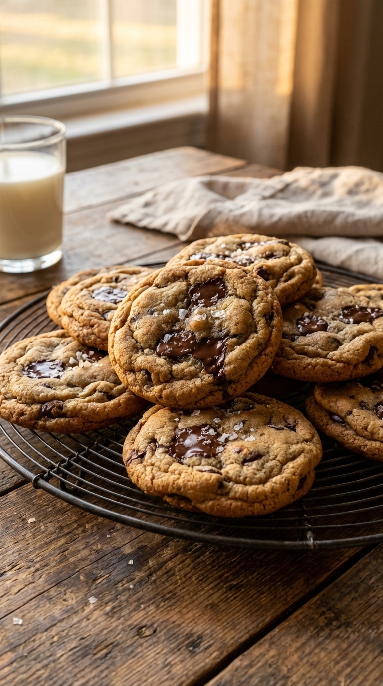 A stack of warm, freshly baked chocolate chip cookies on a wire rack with melted chocolate and sea salt.