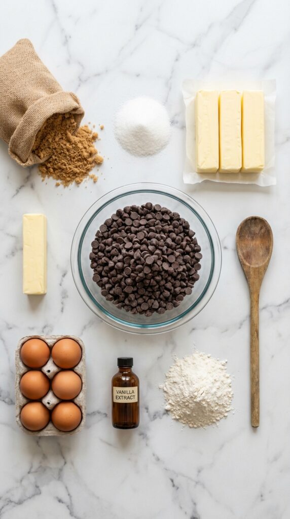 An overhead flat lay of chocolate chips, brown sugar, butter, eggs, vanilla, and flour on a marble surface.