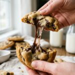 A close-up of two hands breaking a warm chocolate chip cookie in half, revealing a gooey melted chocolate pull.