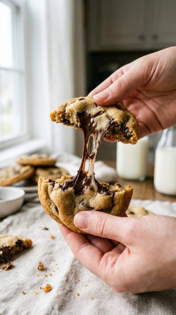 A close-up of two hands breaking a warm chocolate chip cookie in half, revealing a gooey melted chocolate pull.