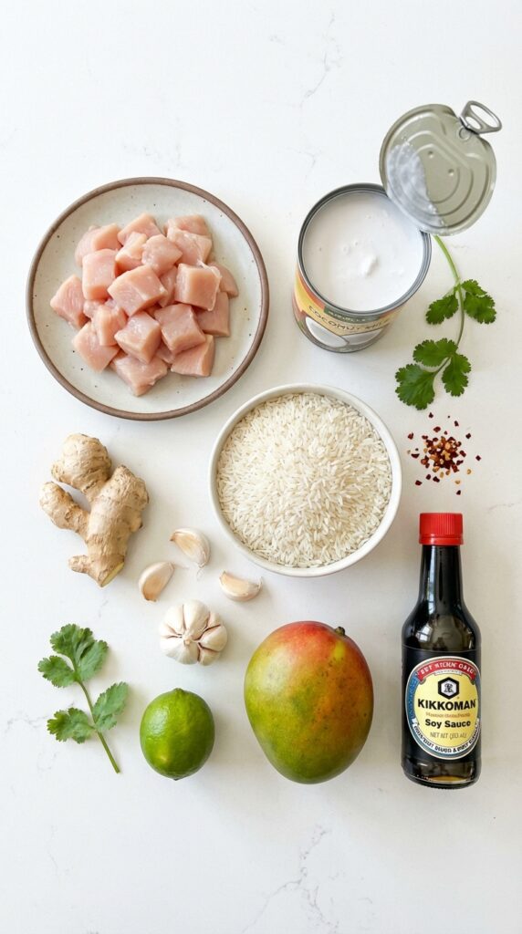 A flat lay showing raw chicken pieces, canned coconut milk, jasmine rice, fresh ginger, lime, mango, and soy sauce on a white counter.