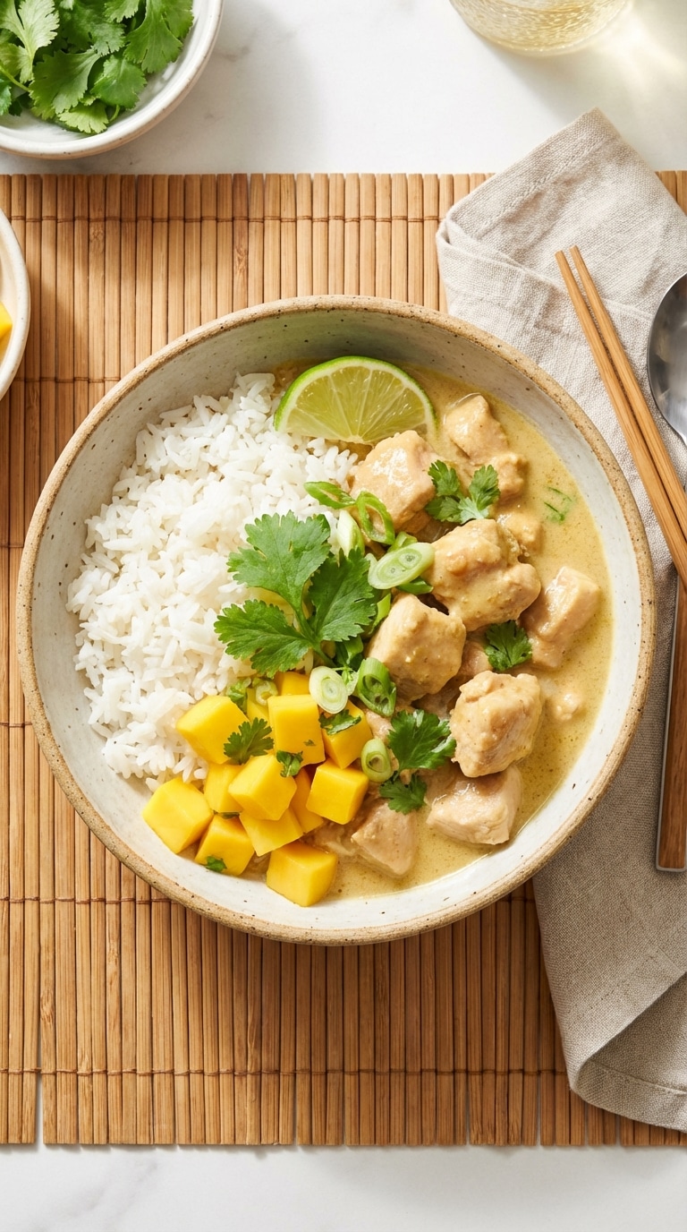 A top-down view of a rice bowl topped with creamy coconut chicken, fresh diced mango, cilantro, and a lime wedge on a bamboo mat.