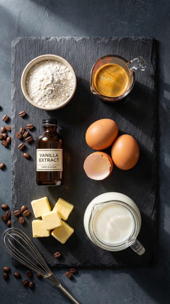 A flat lay showing espresso, flour, eggs, milk, butter, and scattered coffee beans on a dark slate board.