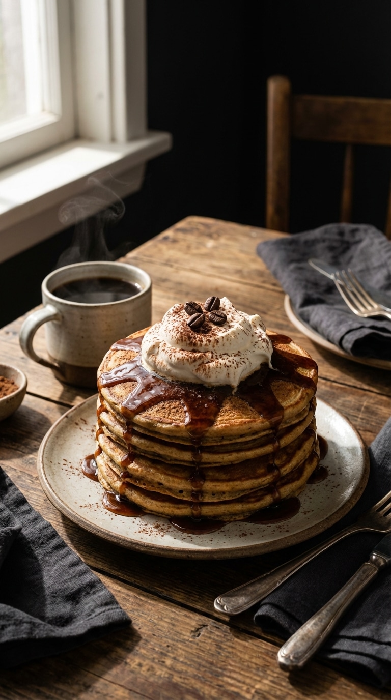 A tall stack of fluffy coffee-infused pancakes topped with whipped cream, coffee beans, and dark syrup next to a mug of coffee.