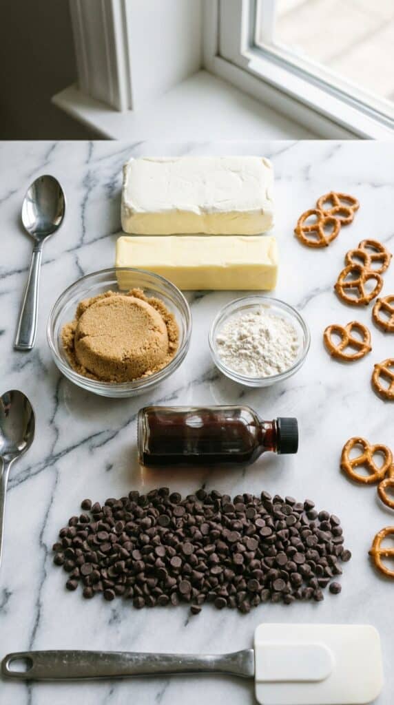 A flat lay showing cream cheese, butter, brown sugar, flour, vanilla, and mini chocolate chips on a marble board.