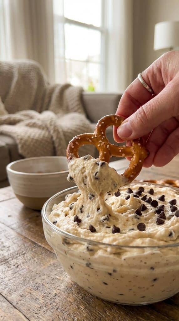 A close-up of a hand holding a pretzel scooped full of chocolate chip cookie dough dip.