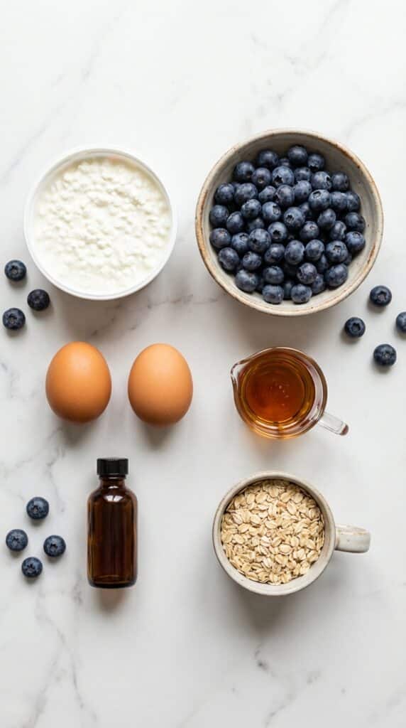 A flat lay showing cottage cheese, fresh blueberries, eggs, maple syrup, and oats on a marble board.