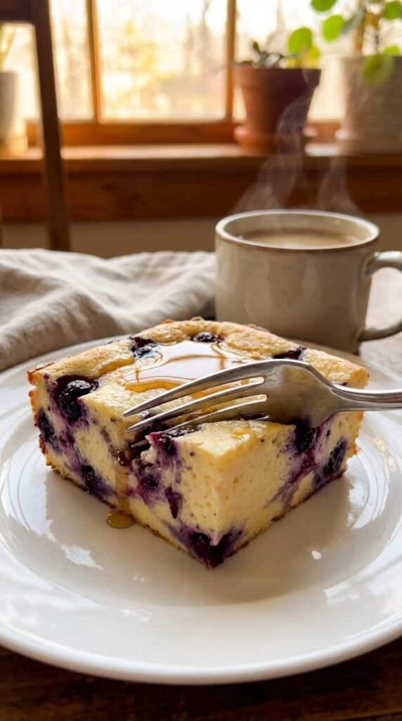 A close-up of a fork cutting into a thick slice of creamy blueberry cottage cheese bake on a plate, with coffee in the background.