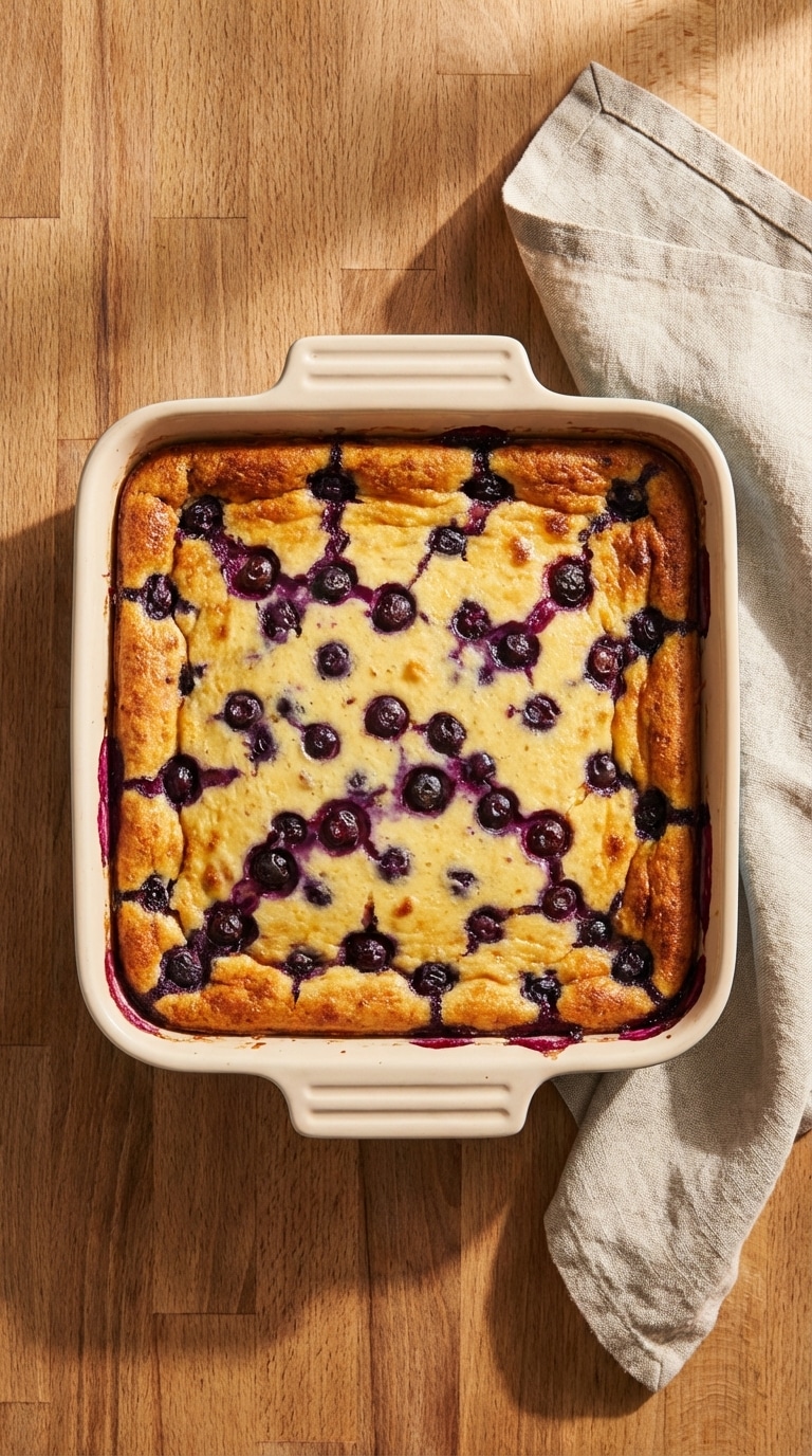 A top-down view of a ceramic baking dish filled with a golden-brown cottage cheese and blueberry bake.