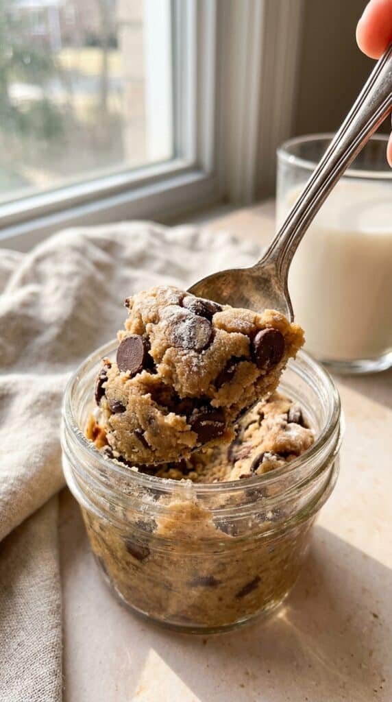 A close-up of a spoon lifting a thick scoop of chocolate chip cookie dough from a jar.